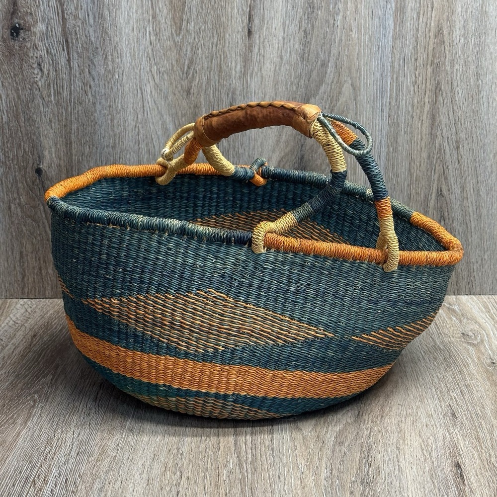 Woven African Bolga Ghana Market Basket Large Leather Handle - Picture 8 of 16